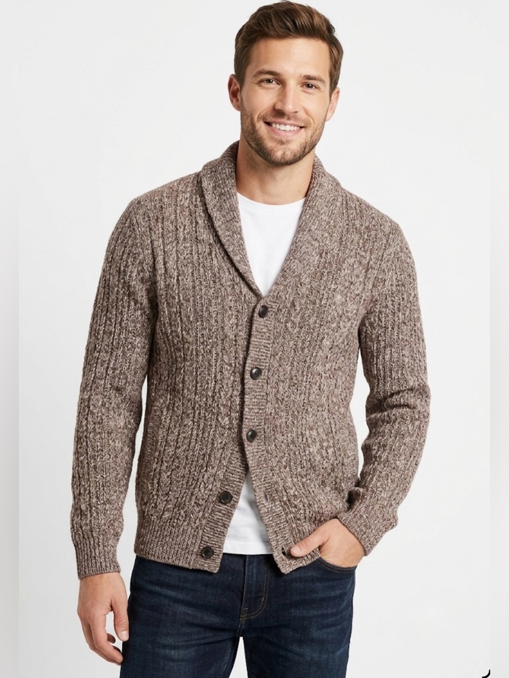 Goodfellow & Co Men's Small Shawl Collar Cardigan Sweater Cable Knit Brown